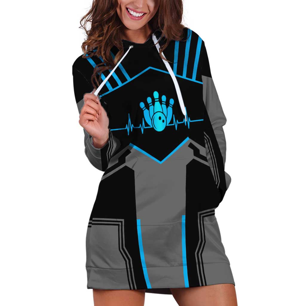 Custom Bowling Team Hoodie Dress with Blue Bowling Pin Heartbeat Graphic and Winged Emblem - Wonder Print Shop