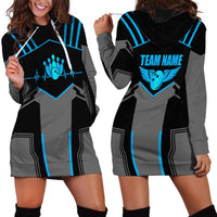 Custom Bowling Team Hoodie Dress with Blue Bowling Pin Heartbeat Graphic and Winged Emblem - Wonder Print Shop