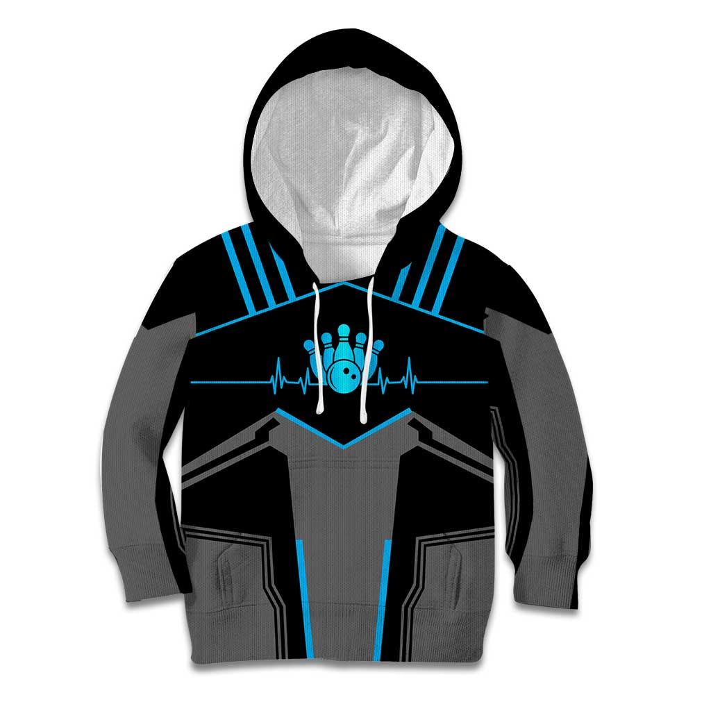 Custom Bowling Team Kid Hoodie with Blue Bowling Pin Heartbeat Graphic and Winged Emblem - Wonder Print Shop