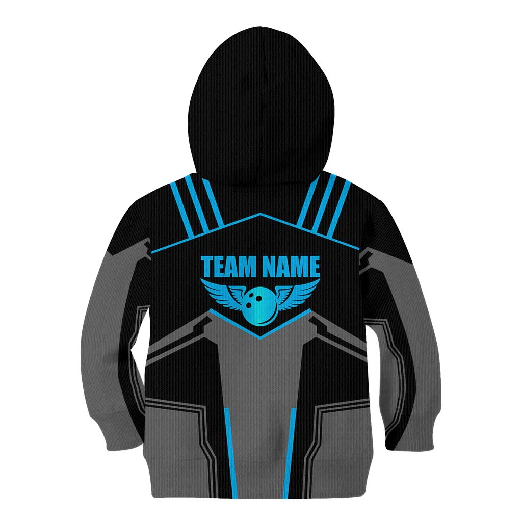 Custom Bowling Team Kid Hoodie with Blue Bowling Pin Heartbeat Graphic and Winged Emblem - Wonder Print Shop
