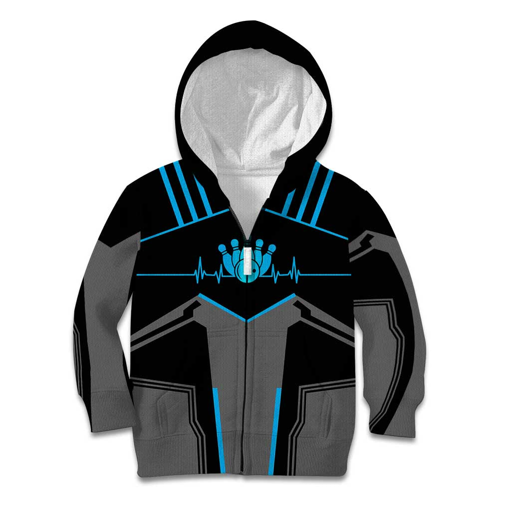 Custom Bowling Team Kid Hoodie with Blue Bowling Pin Heartbeat Graphic and Winged Emblem - Wonder Print Shop