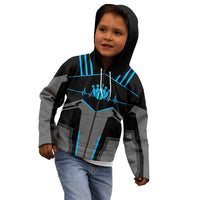 Custom Bowling Team Kid Hoodie with Blue Bowling Pin Heartbeat Graphic and Winged Emblem - Wonder Print Shop
