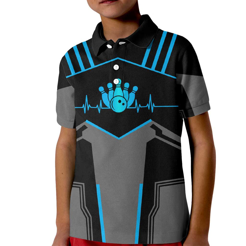 Custom Bowling Team Kid Polo Shirt with Blue Bowling Pin Heartbeat Graphic and Winged Emblem - Wonder Print Shop