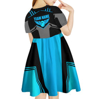 Custom Bowling Team Kid Short Sleeve Dress with Blue Bowling Pin Heartbeat Graphic and Winged Emblem - Wonder Print Shop