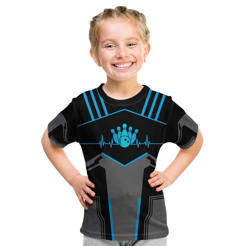 Custom Bowling Team Kid T Shirt with Blue Bowling Pin Heartbeat Graphic and Winged Emblem - Wonder Print Shop
