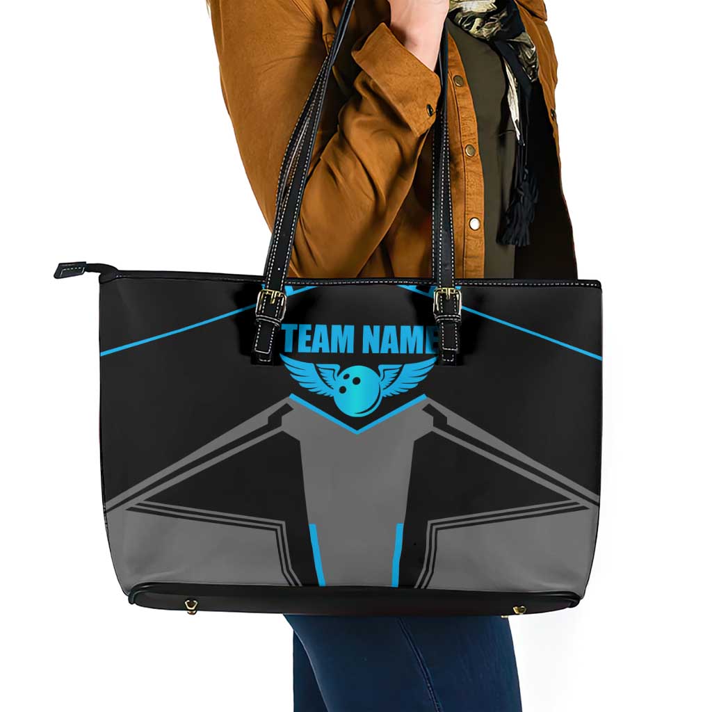 Custom Bowling Team Leather Tote Bag with Blue Bowling Pin Heartbeat Graphic and Winged Emblem - Wonder Print Shop