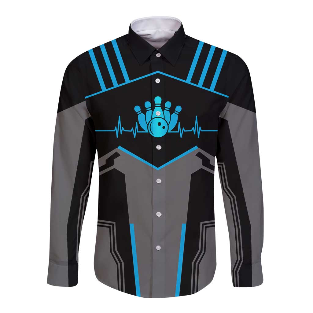 Custom Bowling Team Long Sleeve Button Shirt with Blue Bowling Pin Heartbeat Graphic and Winged Emblem - Wonder Print Shop