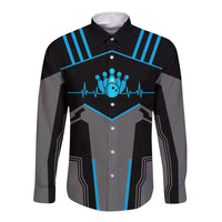 Custom Bowling Team Long Sleeve Button Shirt with Blue Bowling Pin Heartbeat Graphic and Winged Emblem - Wonder Print Shop
