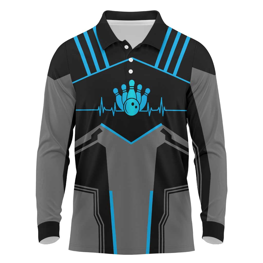 Custom Bowling Team Long Sleeve Polo Shirt with Blue Bowling Pin Heartbeat Graphic and Winged Emblem - Wonder Print Shop