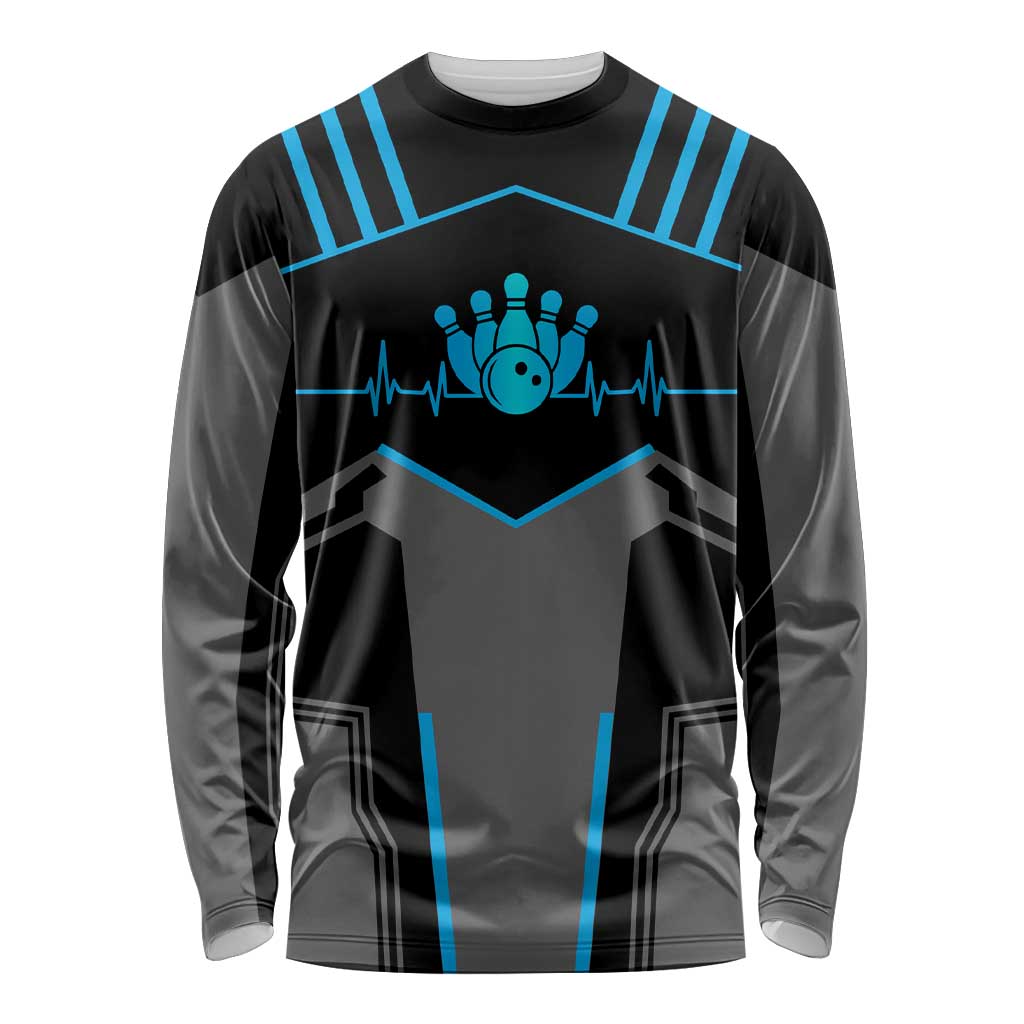 Custom Bowling Team Long Sleeve Shirt with Blue Bowling Pin Heartbeat Graphic and Winged Emblem - Wonder Print Shop