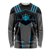 Custom Bowling Team Long Sleeve Shirt with Blue Bowling Pin Heartbeat Graphic and Winged Emblem - Wonder Print Shop