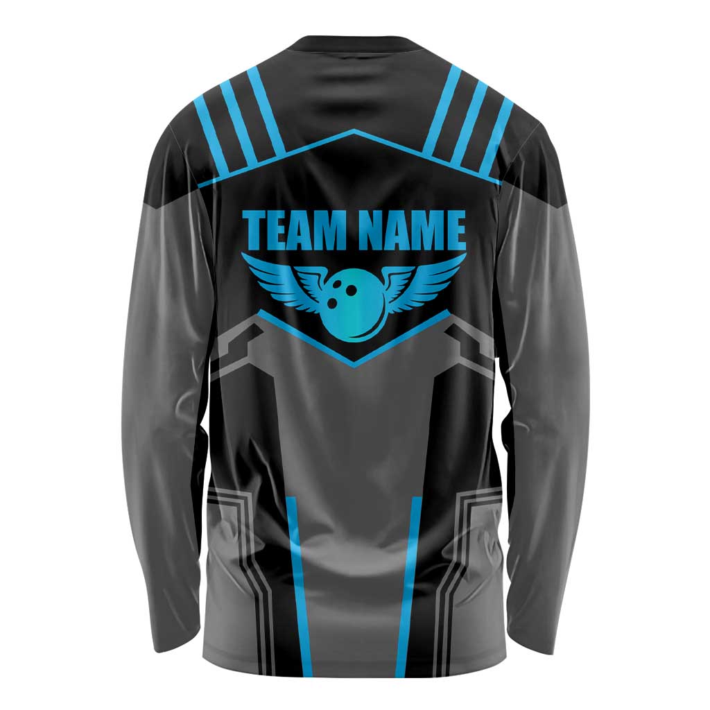 Custom Bowling Team Long Sleeve Shirt with Blue Bowling Pin Heartbeat Graphic and Winged Emblem - Wonder Print Shop