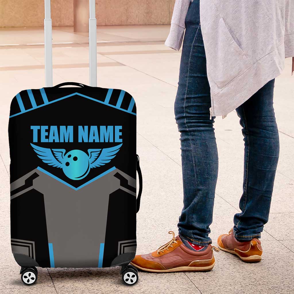 Custom Bowling Team Luggage Cover with Blue Bowling Pin Heartbeat Graphic and Winged Emblem - Wonder Print Shop