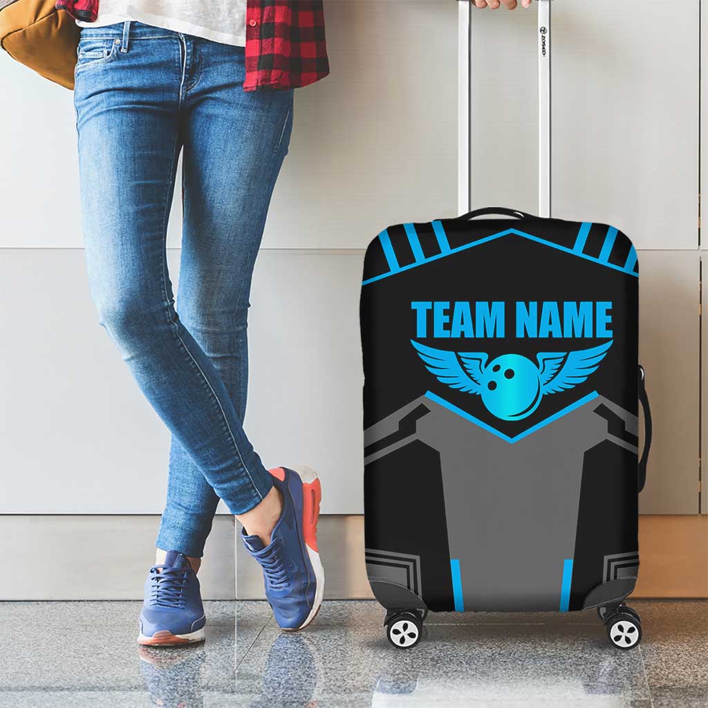 Custom Bowling Team Luggage Cover with Blue Bowling Pin Heartbeat Graphic and Winged Emblem - Wonder Print Shop