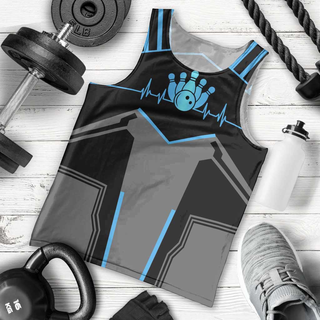 Custom Bowling Team Men Tank Top with Blue Bowling Pin Heartbeat Graphic and Winged Emblem - Wonder Print Shop