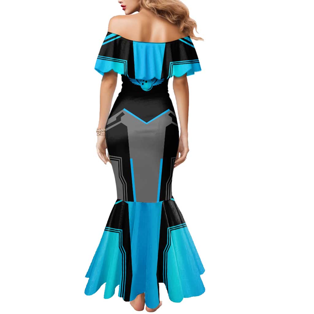 Custom Bowling Team Mermaid Dress with Blue Bowling Pin Heartbeat Graphic and Winged Emblem - Wonder Print Shop
