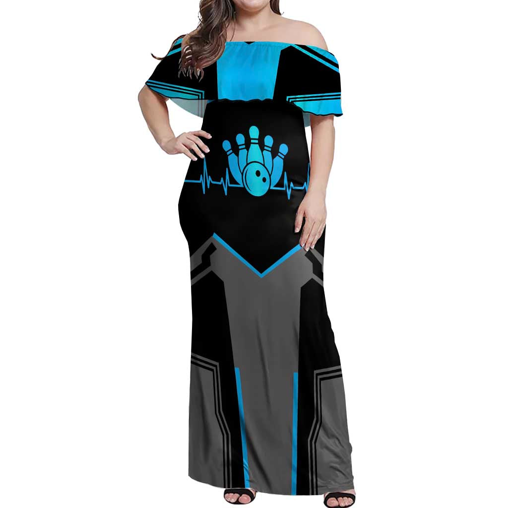 Custom Bowling Team Off Shoulder Maxi Dress with Blue Bowling Pin Heartbeat Graphic and Winged Emblem - Wonder Print Shop