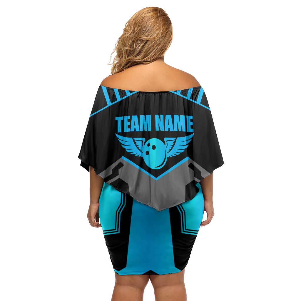 Custom Bowling Team Off Shoulder Short Dress with Blue Bowling Pin Heartbeat Graphic and Winged Emblem - Wonder Print Shop