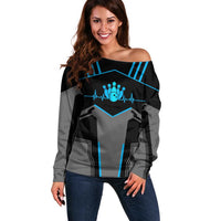 Custom Bowling Team Off Shoulder Sweater with Blue Bowling Pin Heartbeat Graphic and Winged Emblem - Wonder Print Shop