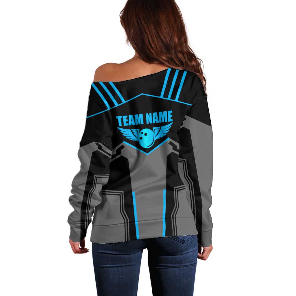 Custom Bowling Team Off Shoulder Sweater with Blue Bowling Pin Heartbeat Graphic and Winged Emblem - Wonder Print Shop