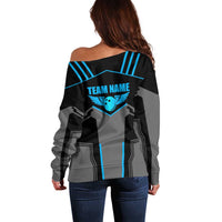 Custom Bowling Team Off Shoulder Sweater with Blue Bowling Pin Heartbeat Graphic and Winged Emblem - Wonder Print Shop