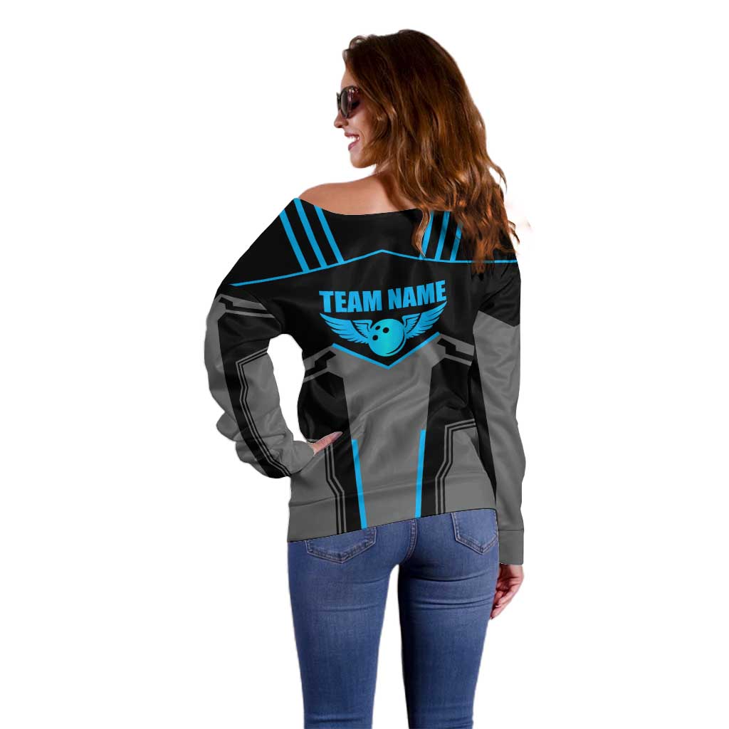 Custom Bowling Team Off Shoulder Sweater with Blue Bowling Pin Heartbeat Graphic and Winged Emblem - Wonder Print Shop
