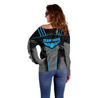 Custom Bowling Team Off Shoulder Sweater with Blue Bowling Pin Heartbeat Graphic and Winged Emblem - Wonder Print Shop