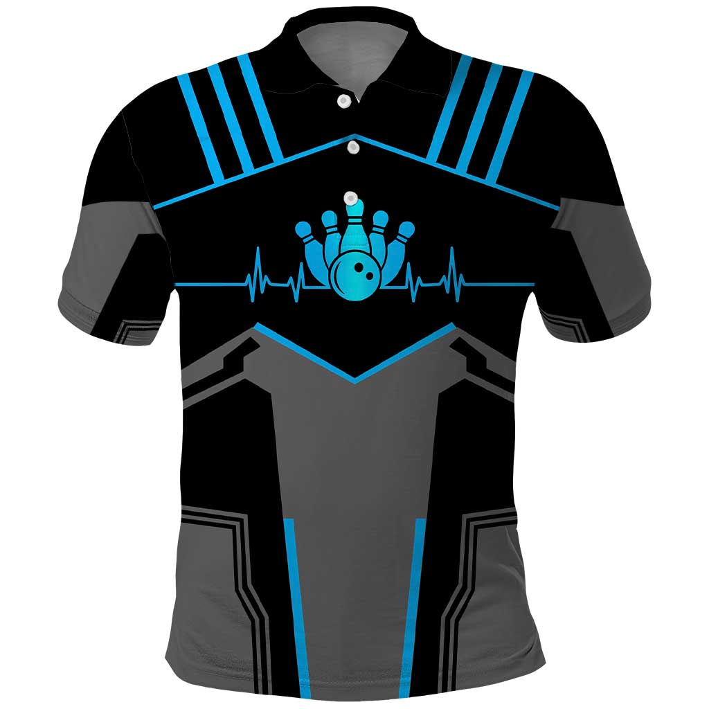 Custom Bowling Team Polo Shirt with Blue Bowling Pin Heartbeat Graphic and Winged Emblem - Wonder Print Shop