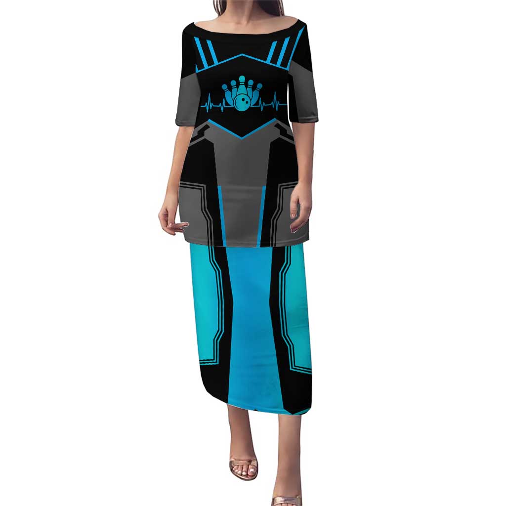 Custom Bowling Team Puletasi with Blue Bowling Pin Heartbeat Graphic and Winged Emblem - Wonder Print Shop