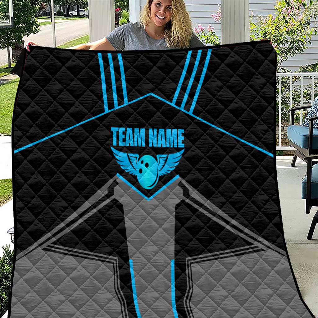 Custom Bowling Team Quilt with Blue Bowling Pin Heartbeat Graphic and Winged Emblem - Wonder Print Shop