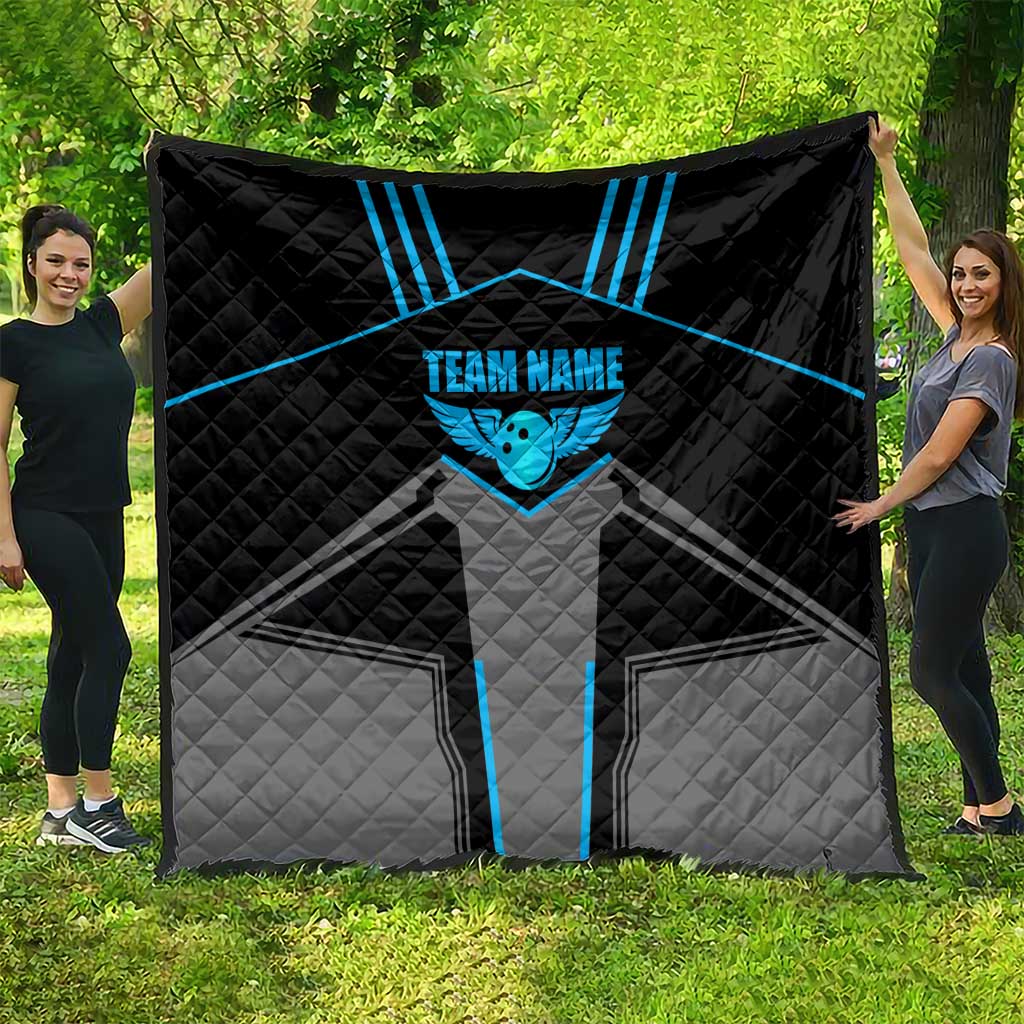 Custom Bowling Team Quilt with Blue Bowling Pin Heartbeat Graphic and Winged Emblem - Wonder Print Shop