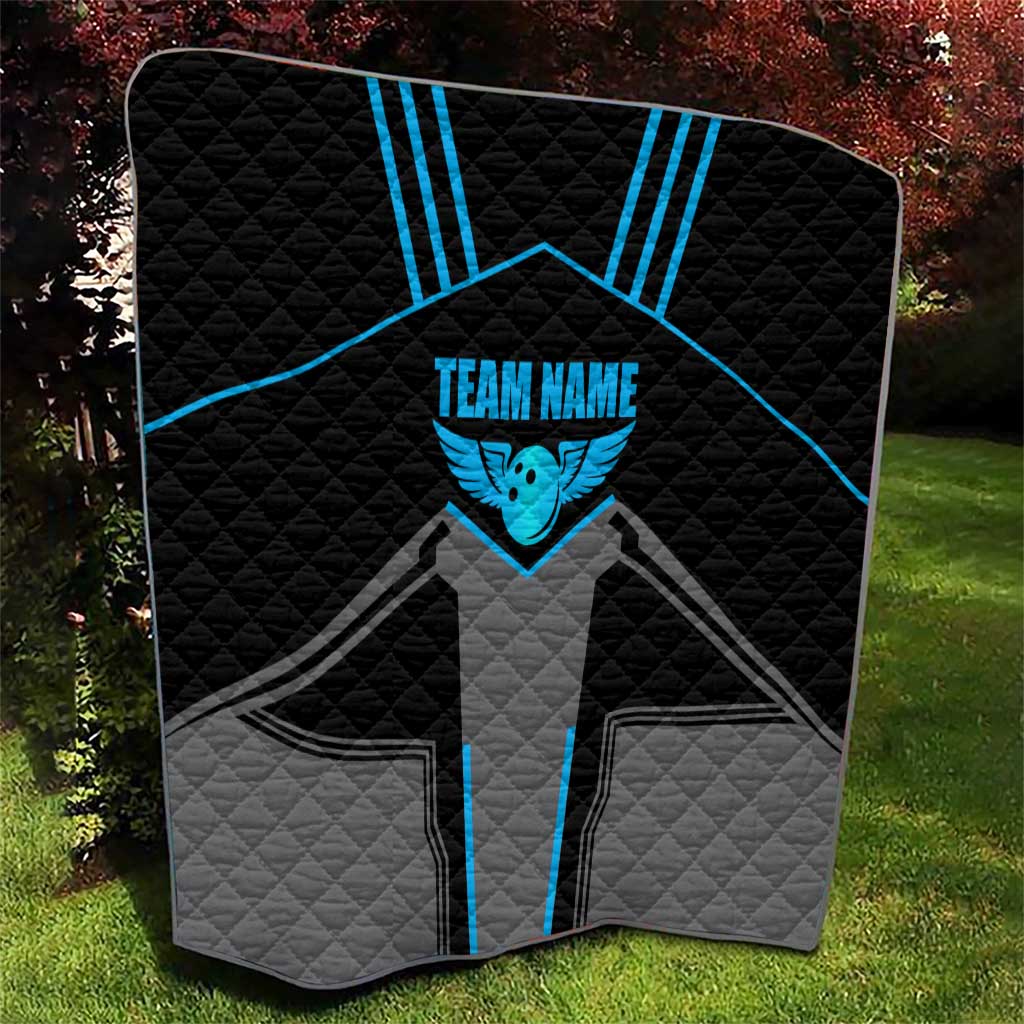 Custom Bowling Team Quilt with Blue Bowling Pin Heartbeat Graphic and Winged Emblem - Wonder Print Shop