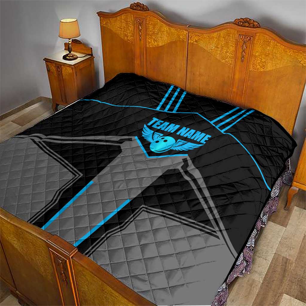 Custom Bowling Team Quilt with Blue Bowling Pin Heartbeat Graphic and Winged Emblem - Wonder Print Shop