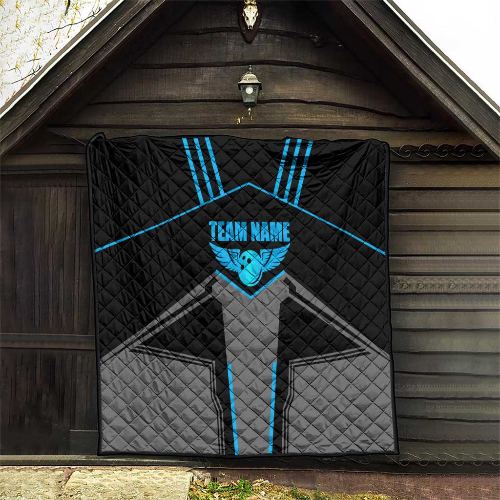 Custom Bowling Team Quilt with Blue Bowling Pin Heartbeat Graphic and Winged Emblem - Wonder Print Shop