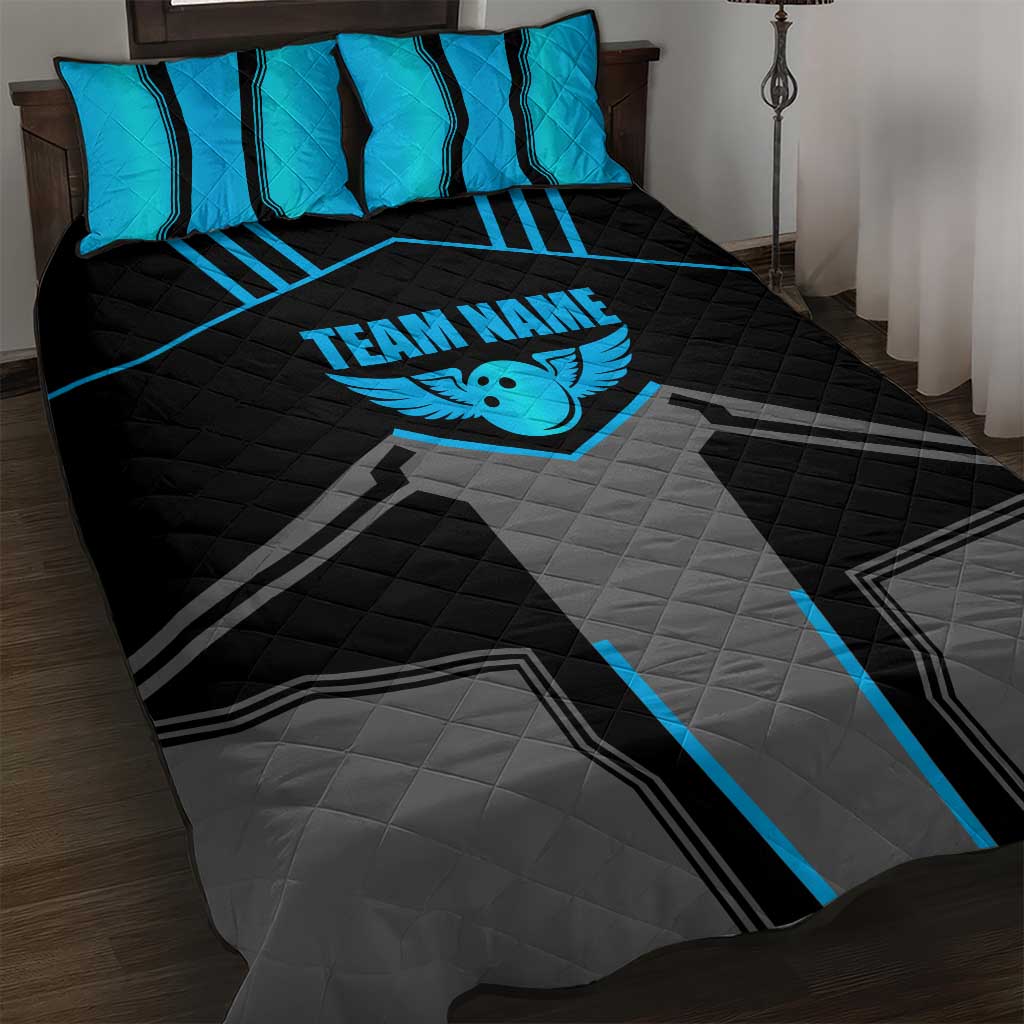 Custom Bowling Team Quilt Bed Set with Blue Bowling Pin Heartbeat Graphic and Winged Emblem - Wonder Print Shop