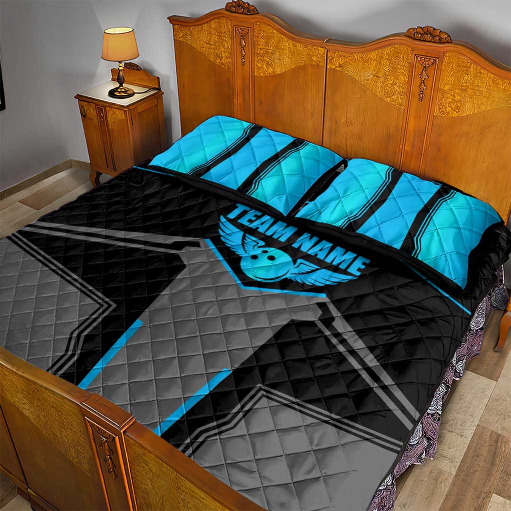 Custom Bowling Team Quilt Bed Set with Blue Bowling Pin Heartbeat Graphic and Winged Emblem - Wonder Print Shop