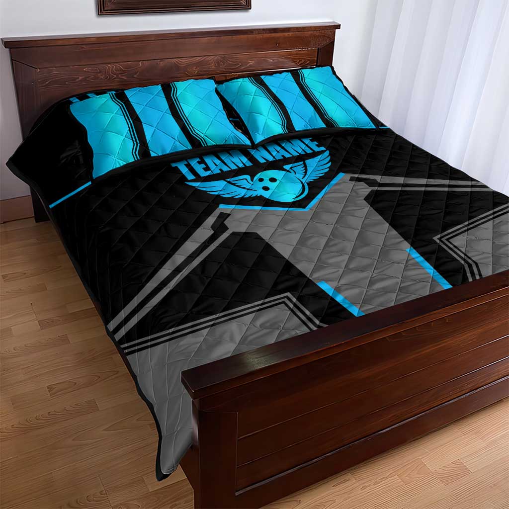 Custom Bowling Team Quilt Bed Set with Blue Bowling Pin Heartbeat Graphic and Winged Emblem - Wonder Print Shop