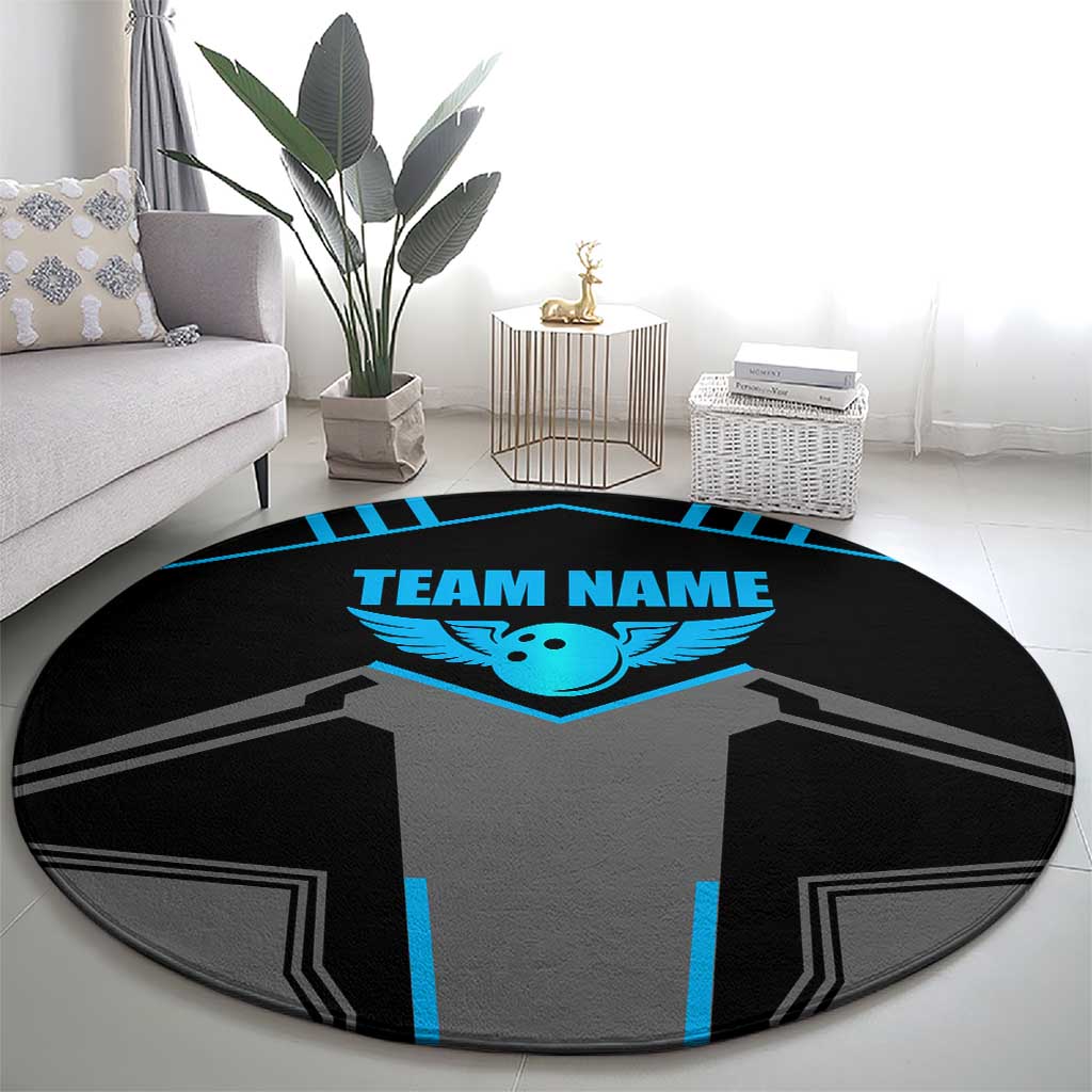 Custom Bowling Team Round Carpet with Blue Bowling Pin Heartbeat Graphic and Winged Emblem - Wonder Print Shop