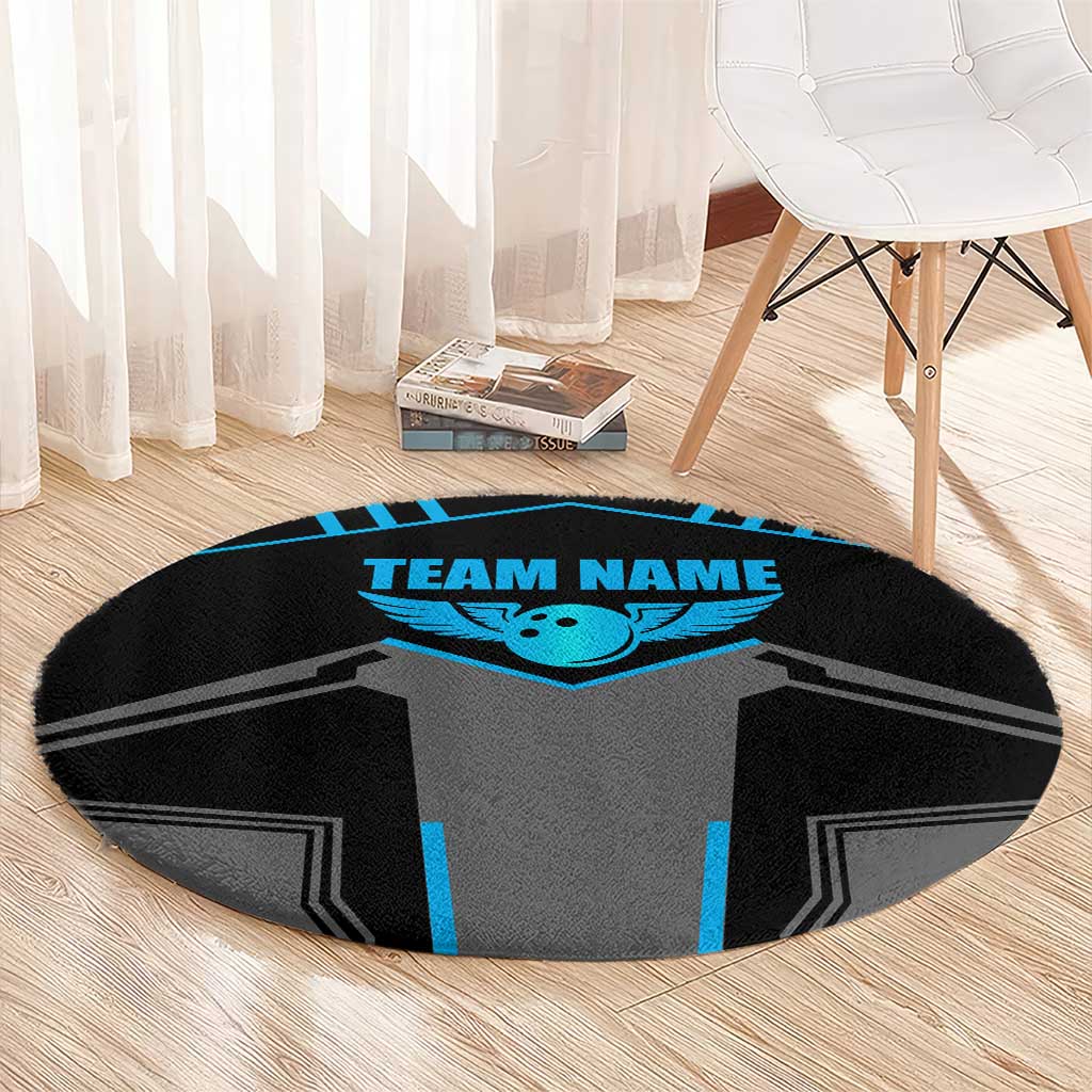 Custom Bowling Team Round Carpet with Blue Bowling Pin Heartbeat Graphic and Winged Emblem - Wonder Print Shop
