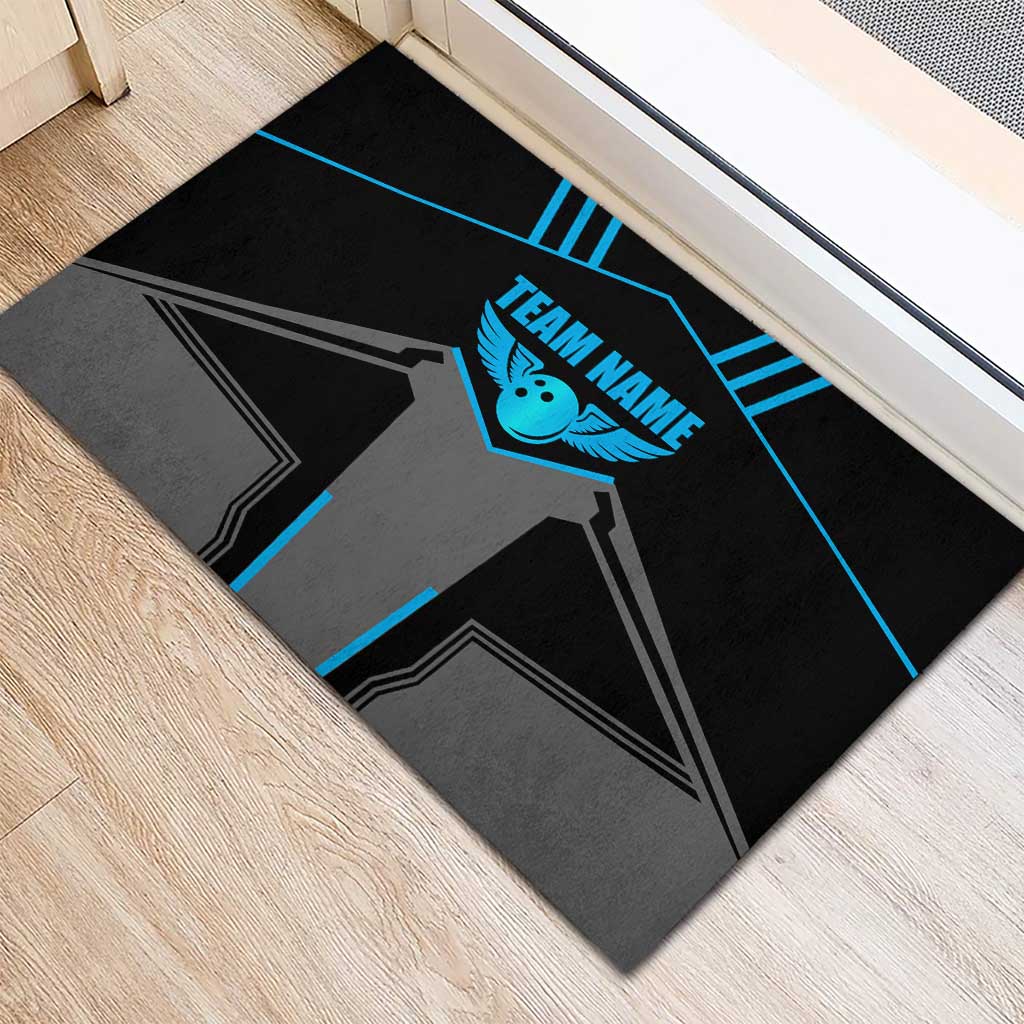 Custom Bowling Team Rubber Doormat with Blue Bowling Pin Heartbeat Graphic and Winged Emblem - Wonder Print Shop
