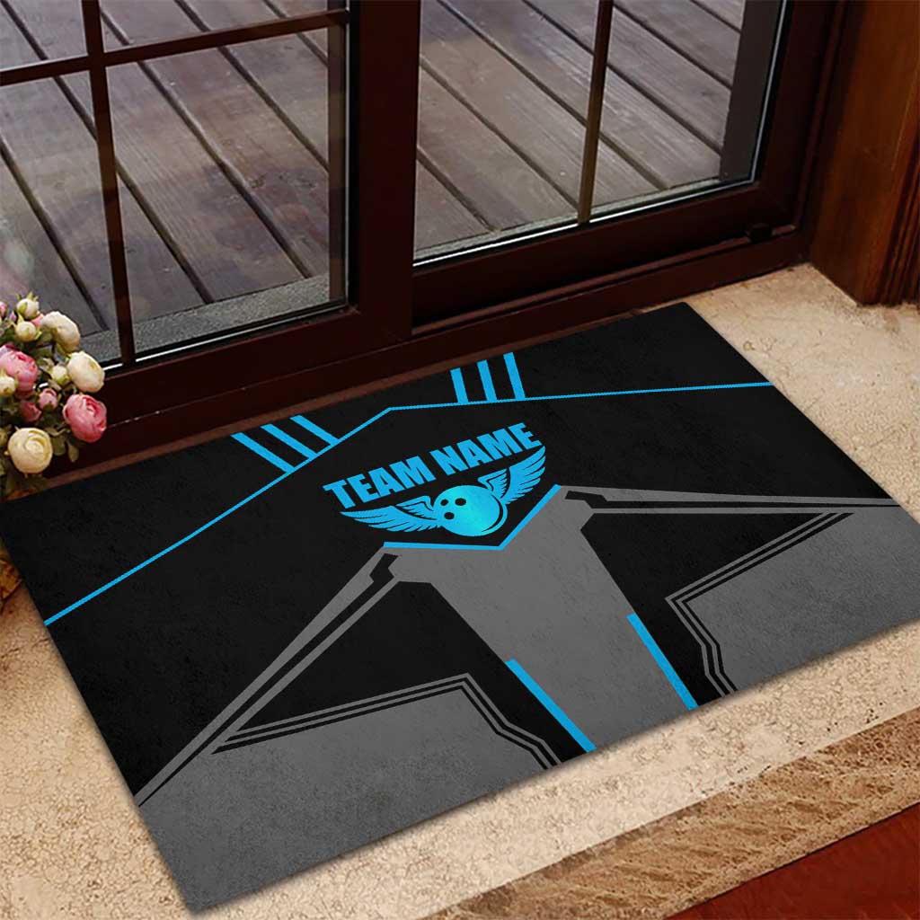 Custom Bowling Team Rubber Doormat with Blue Bowling Pin Heartbeat Graphic and Winged Emblem - Wonder Print Shop