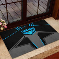 Custom Bowling Team Rubber Doormat with Blue Bowling Pin Heartbeat Graphic and Winged Emblem - Wonder Print Shop