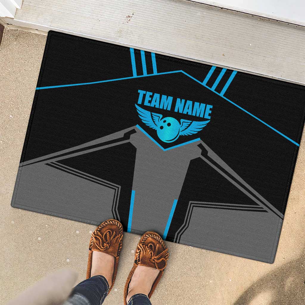 Custom Bowling Team Rubber Doormat with Blue Bowling Pin Heartbeat Graphic and Winged Emblem - Wonder Print Shop