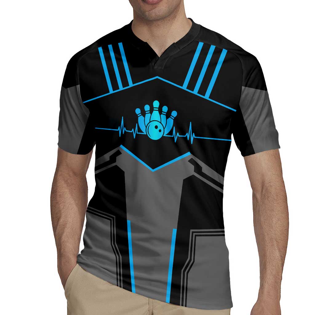 Custom Bowling Team Rugby Jersey with Blue Bowling Pin Heartbeat Graphic and Winged Emblem - Wonder Print Shop