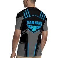Custom Bowling Team Rugby Jersey with Blue Bowling Pin Heartbeat Graphic and Winged Emblem - Wonder Print Shop