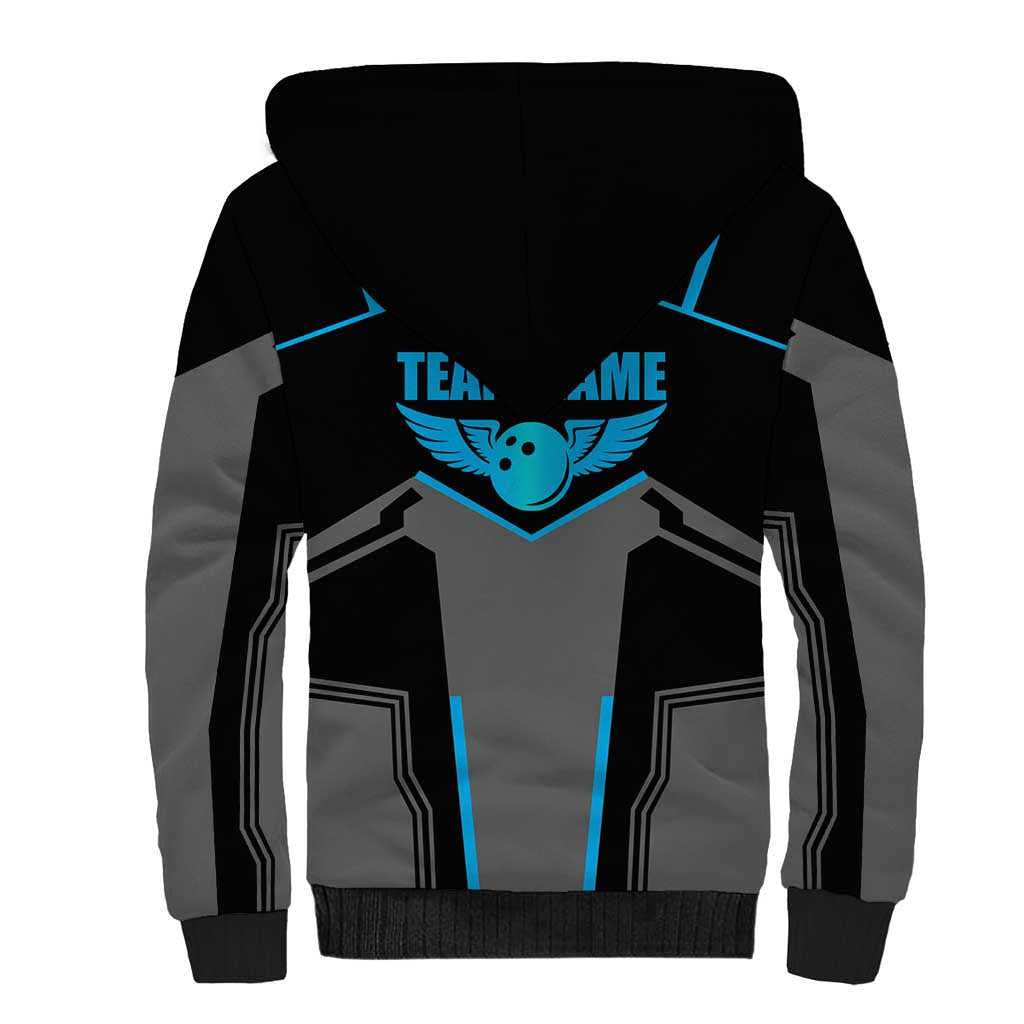 Custom Bowling Team Sherpa Hoodie with Blue Bowling Pin Heartbeat Graphic and Winged Emblem - Wonder Print Shop