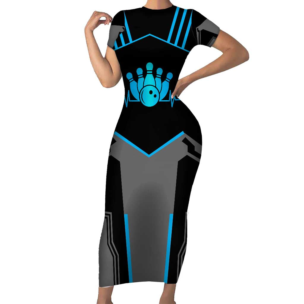 Custom Bowling Team Short Sleeve Bodycon Dress with Blue Bowling Pin Heartbeat Graphic and Winged Emblem - Wonder Print Shop
