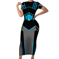 Custom Bowling Team Short Sleeve Bodycon Dress with Blue Bowling Pin Heartbeat Graphic and Winged Emblem - Wonder Print Shop