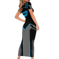 Custom Bowling Team Short Sleeve Bodycon Dress with Blue Bowling Pin Heartbeat Graphic and Winged Emblem - Wonder Print Shop