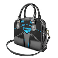 Custom Bowling Team Shoulder Handbag with Blue Bowling Pin Heartbeat Graphic and Winged Emblem - Wonder Print Shop